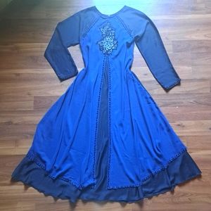 Vintage Unique Deep Blue Black Navy Beaded Embellished Maxi Dress Gothic Costume